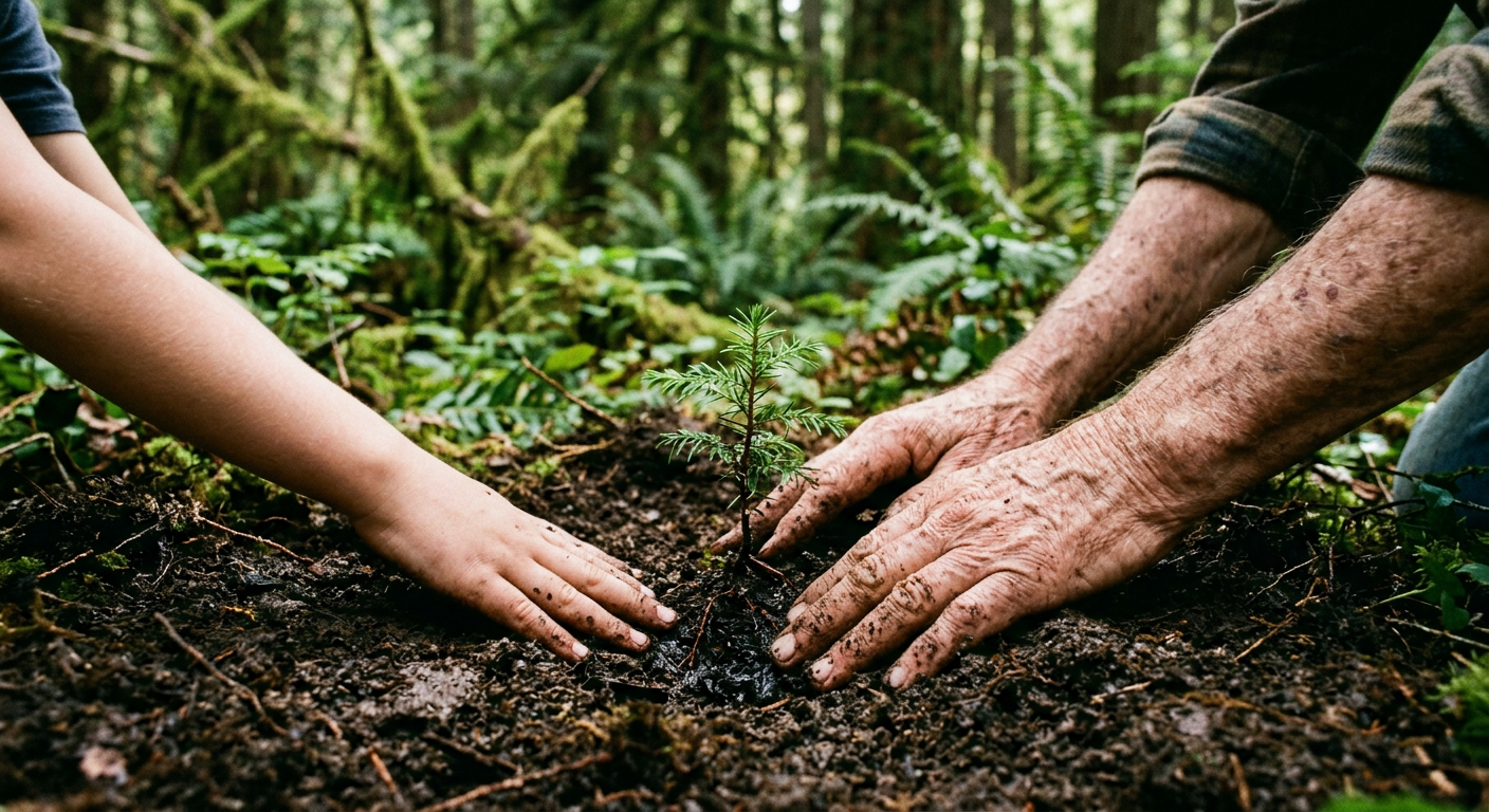 Two generations of hands planting a cedar seedling together