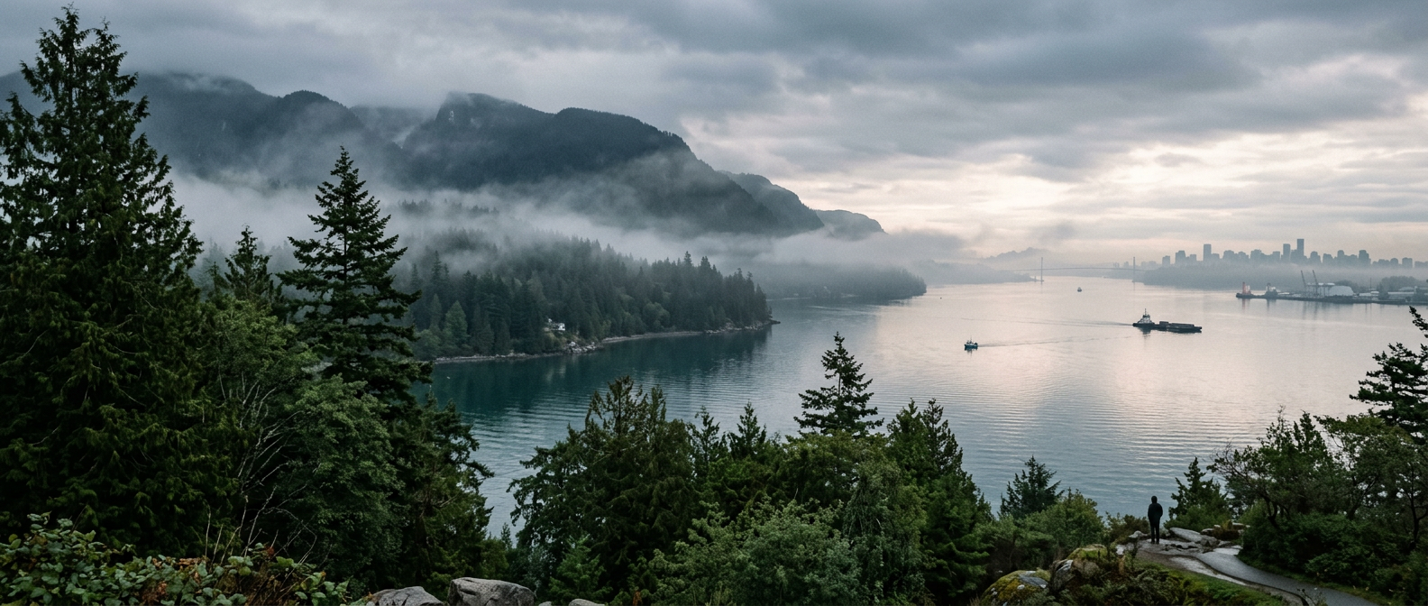Misty North Shore mountains rising above the Vancouver coastline at dawn